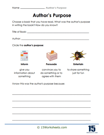 Multiple Choice worksheet on Author's Purpose for third grade students Worksheet image illustrating the concept of Author's Purpose using a mnemonic device for third graders