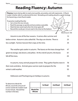 Third grade student practicing reading fluency with an autumn-themed passage worksheet