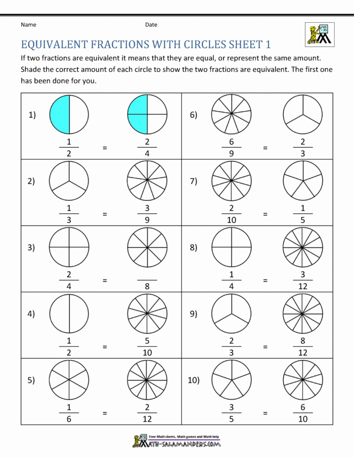 Third grade math worksheet featuring a visual matching activity for equivalent fractions