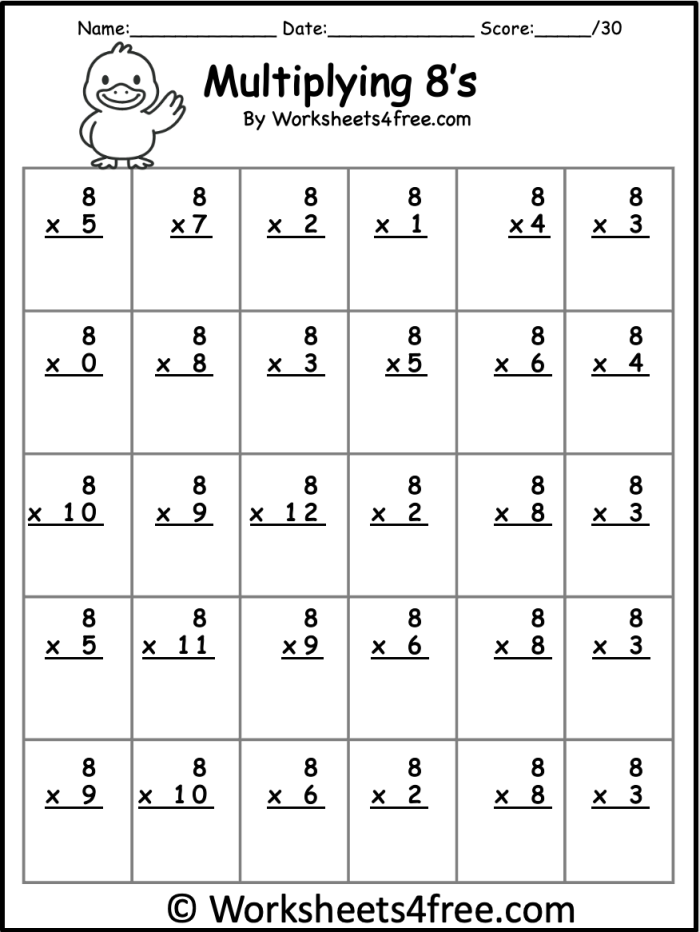Third grade student working on a multiplying by eight math worksheet with a multiplication chart