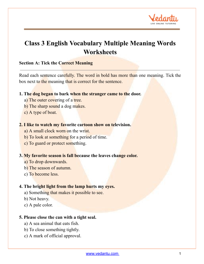 Third grade students using context clues to identify multiple meaning words on a worksheet