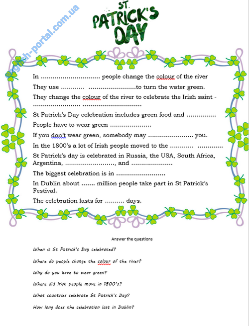 Third grade reading worksheet featuring fun facts and information about St. Patrick's Day traditions