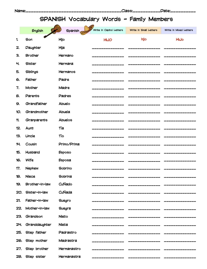 Spanish family vocabulary worksheet for third grade pattern exercises image 5 Third grade student completing a bilingual family members pattern worksheet in Spanish
