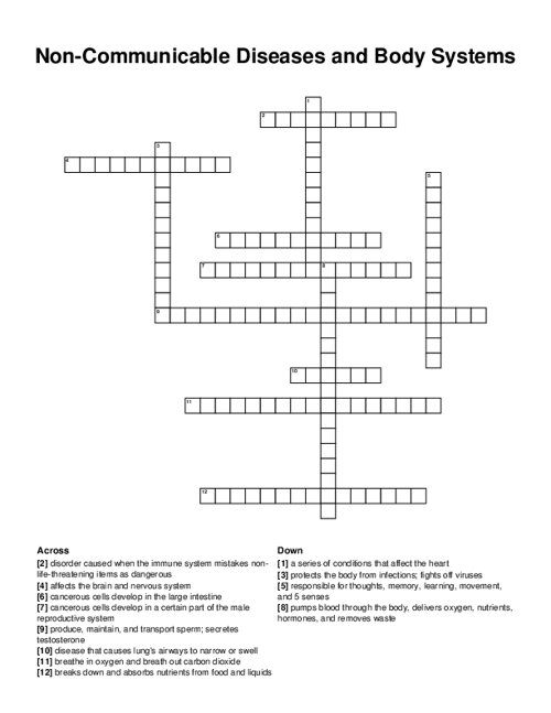 Life Science Crossword worksheet focused on Body Systems for third graders