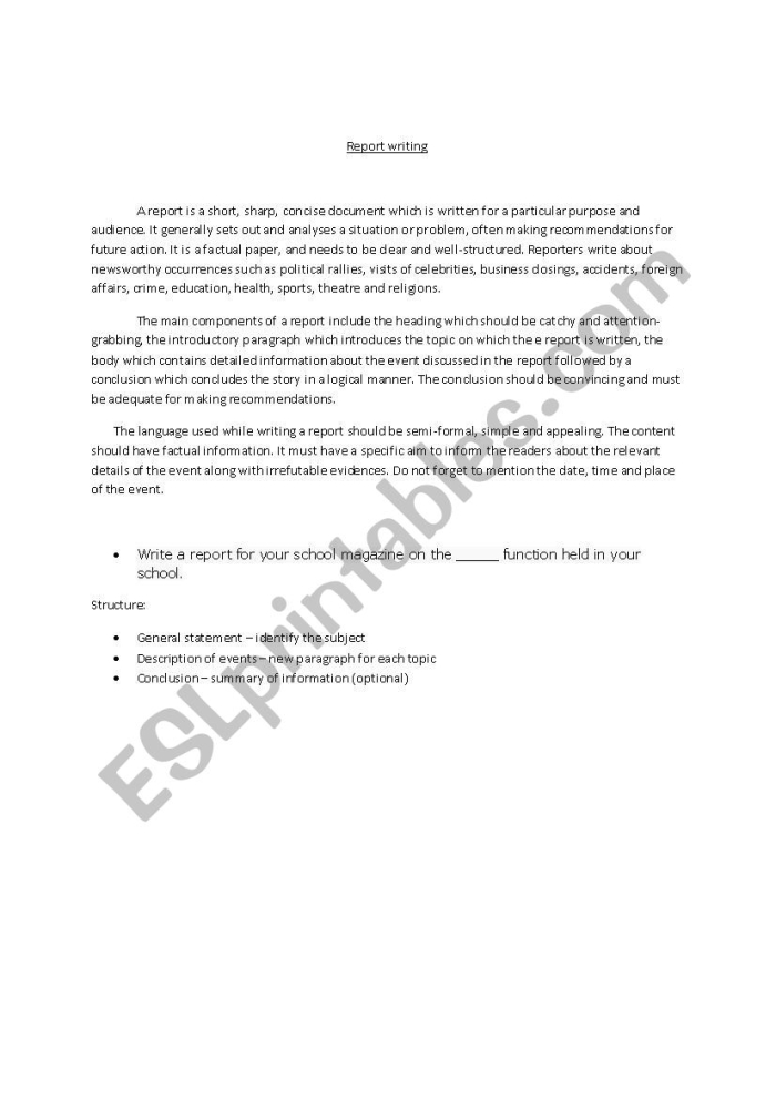 Educational resource image for Writing the Report worksheet in a geometry context Writing the Report worksheet designed for third graders to understand book report components