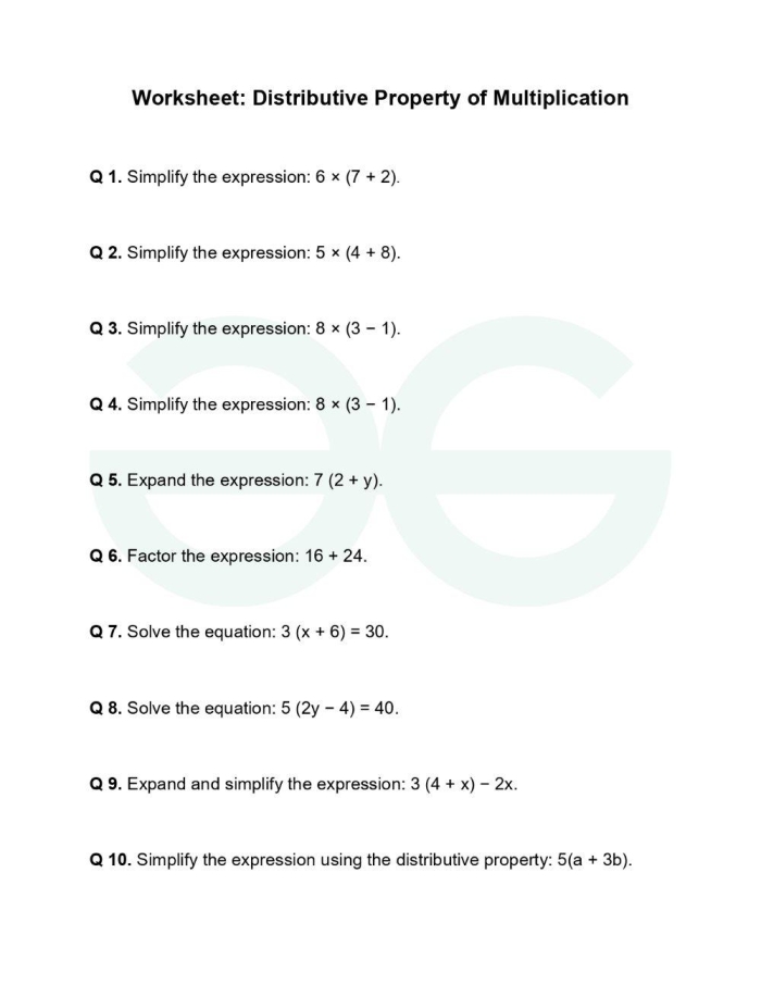 Distributive Property of Multiplication worksheet example 10 showing place value decomposition method Third grade student solving multiplication problems using the distributive property to break apart numbers into tens and ones