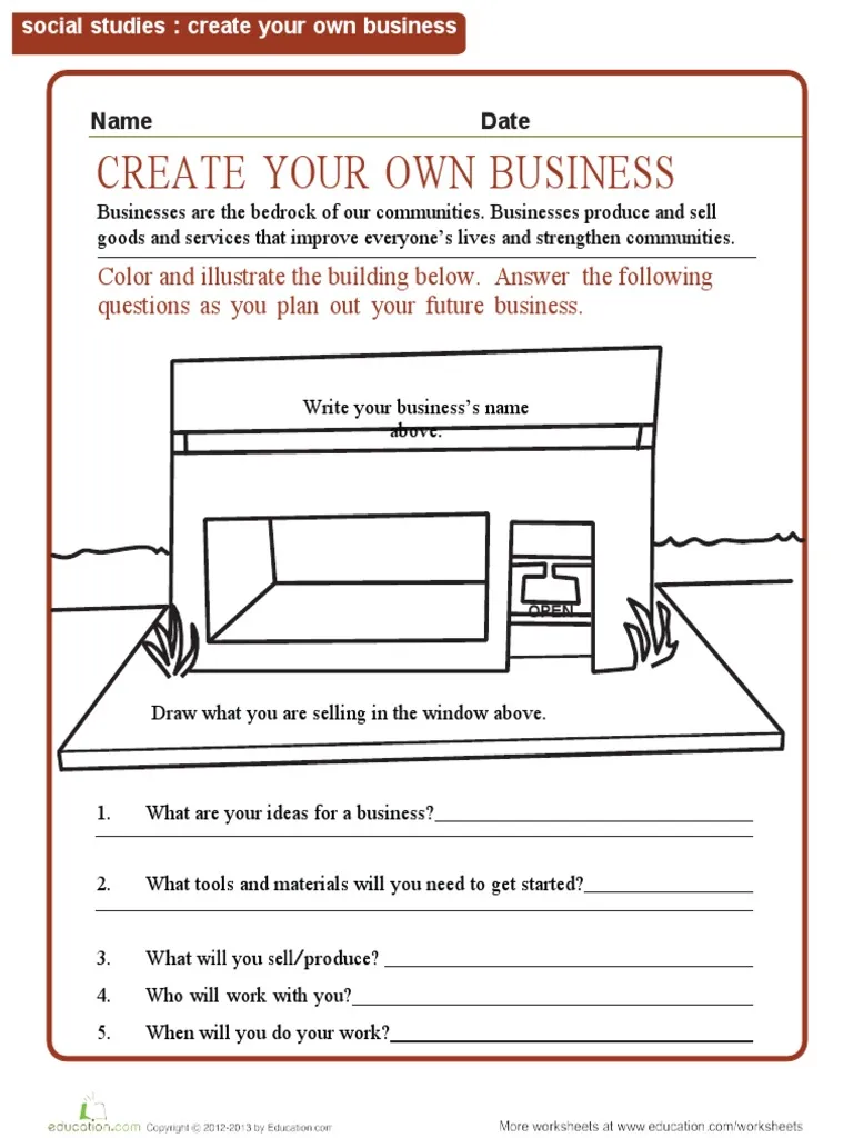 Starting a Business for Kids: Entrepreneurship Worksheet for Grade 3 A third grade student filling out a worksheet about starting their own imaginary business with questions about products and partners