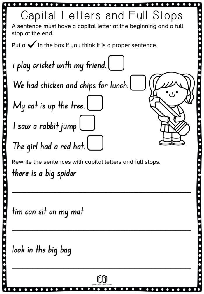 Third grade worksheet for practicing punctuation and capitalization rules in sentences