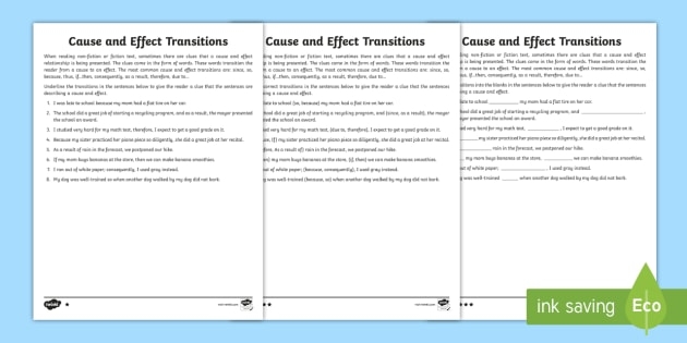 Phonics worksheet for Third Grade Worksheet showing signal words for identifying cause and effect relationships in third grade phonics. Resource for teaching cause and effect using signal words in context.