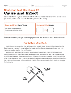 Identifying Cause and Effect with Signal Words for Phonics Lesson 15 Worksheet illustrating cause and effect relationships using signal words for third graders