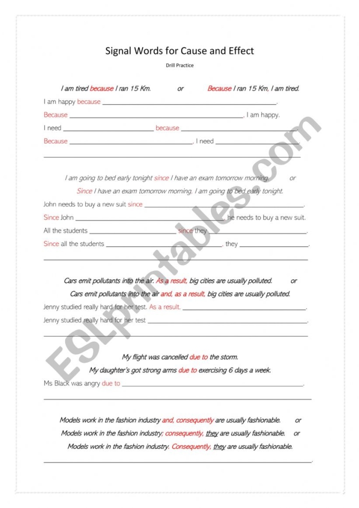 Identifying Cause and Effect with Signal Words for Phonics Education Worksheet illustrating cause and effect relationships using signal words for third graders