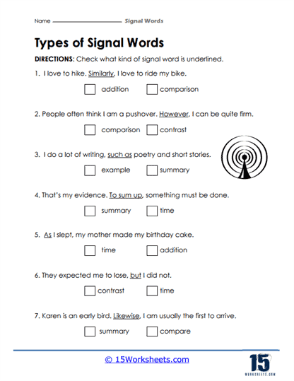 Phonics worksheet for Third Grade Worksheet illustrating signal words for identifying cause and effect relationships. Educational resource for third-grade phonics students focused on comprehension skills.