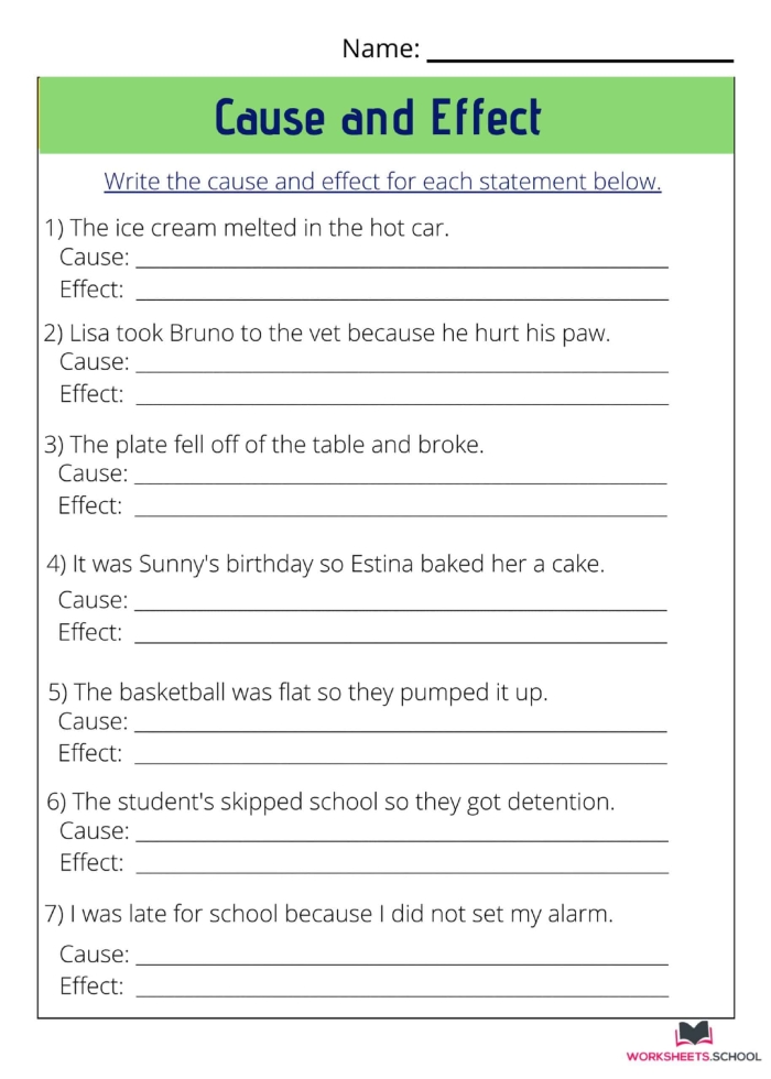 Identifying Cause and Effect Relationships with Signal Words Worksheet for Students Worksheet for third graders focusing on identifying cause and effect with signal words