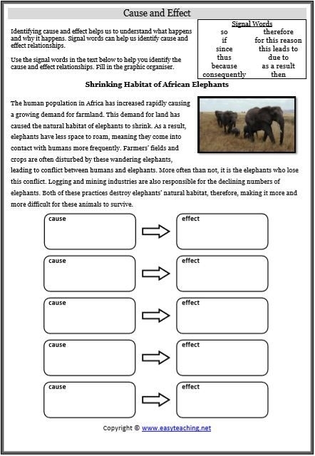 Identifying Cause and Effect with Signal Words for Third Grade Phonics Worksheet for third graders focusing on identifying cause and effect relationships using signal words