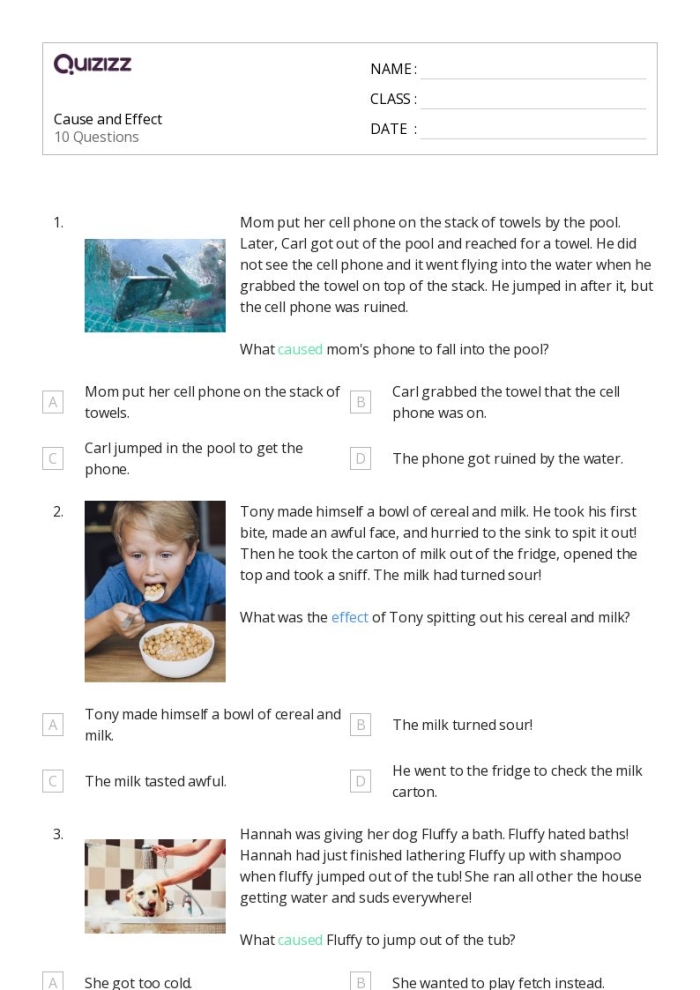 Third grade students completing a Cause and Effect Thunderstorms worksheet about weather patterns