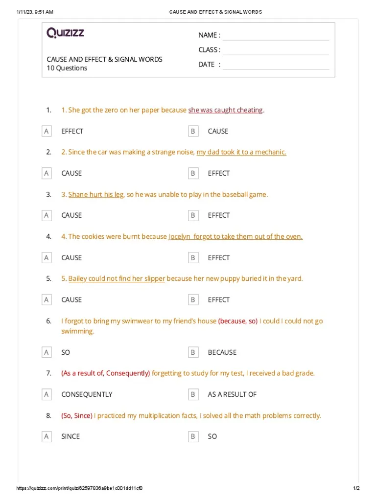 Identifying Cause and Effect with Signal Words Worksheet - Image 7 Worksheet illustrating cause and effect relationships using signal words for third graders