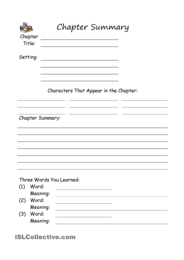 Interactive guide for children to summarize chapters and express their favorite characters Chapter summary worksheet for third graders to record characters and predictions