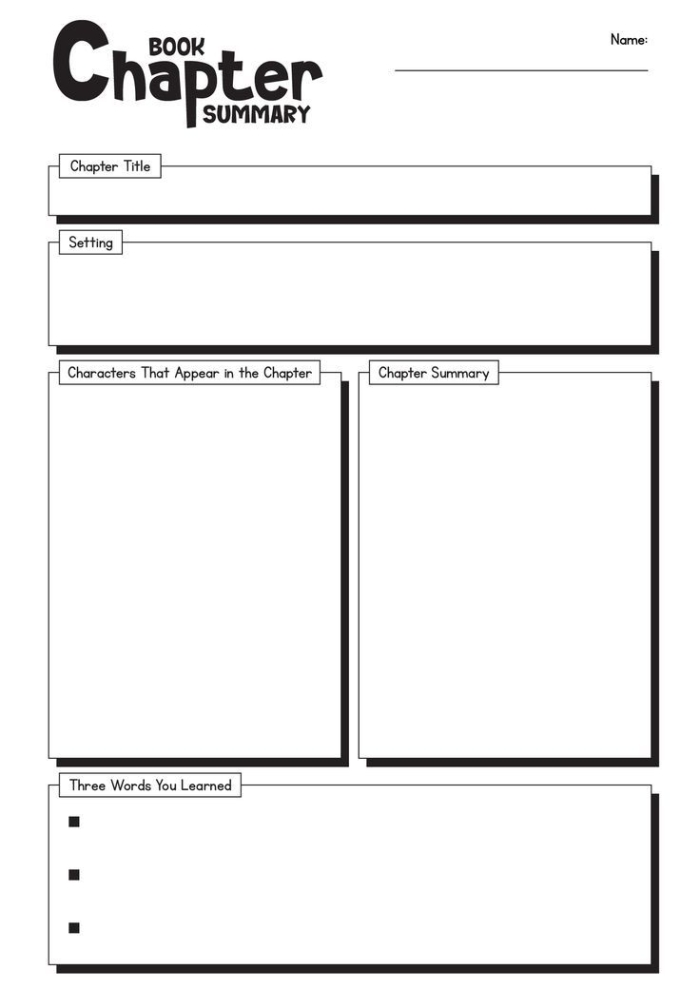 Worksheet image for summarizing chapters and favorite characters in third-grade reading Chapter summary worksheet for third graders to record characters and predictions