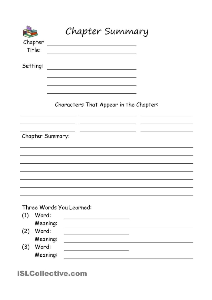 Engaging chapter summary guide for young learners to enhance comprehension skills Chapter summary worksheet for third graders to record characters and predictions