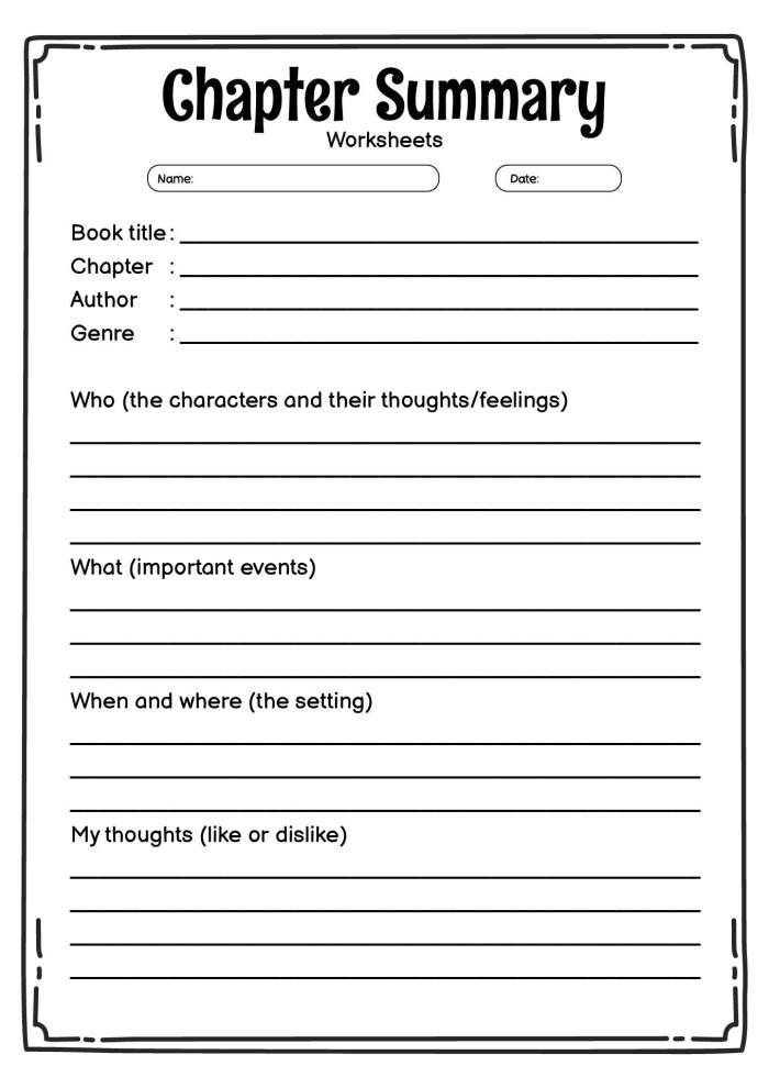 Interactive guide for children to summarize chapters and express their favorite character Chapter summary worksheet for third graders to record characters and predictions
