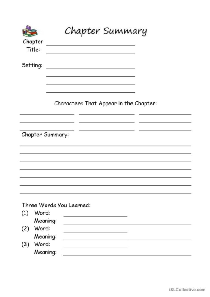 Guide for summarizing chapters, focusing on favorite characters and future events Chapter summary worksheet for third graders to record characters and predictions