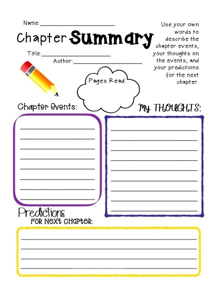 Engaging chapter summary guide for children to track favorite characters and future events Chapter summary worksheet for third graders to note characters and predictions