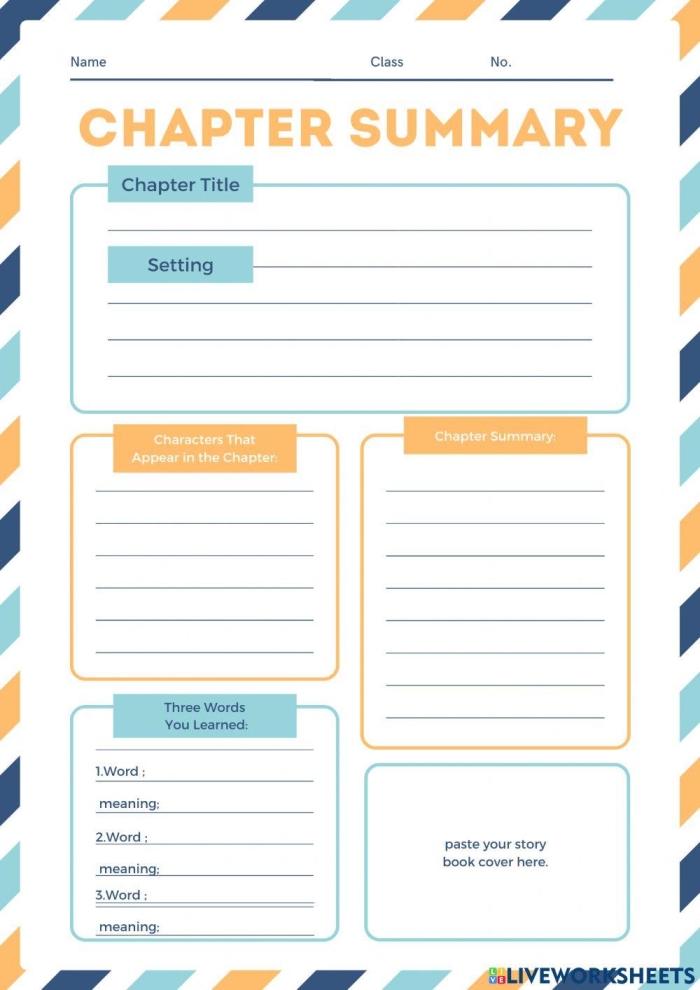 Worksheet image for Chapter Summary in the Time and Money category for grade 3 Chapter summary worksheet for third graders to record characters and predictions