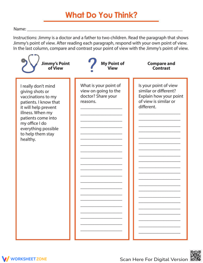 Third grade reading worksheet for identifying and comparing character perspectives through various relatable topics.