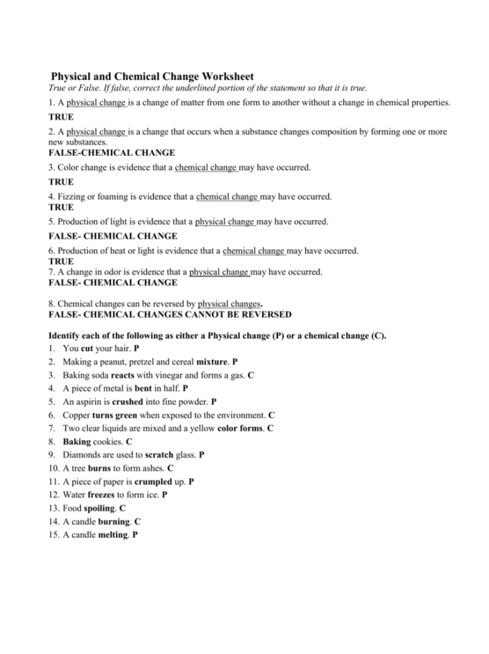 Chemical Versus Physical Reactions Learning Activity for Elementary Students Third grade science worksheet showing examples of chemical and physical reactions with illustrations and fill-in-the-blank questions for students to complete