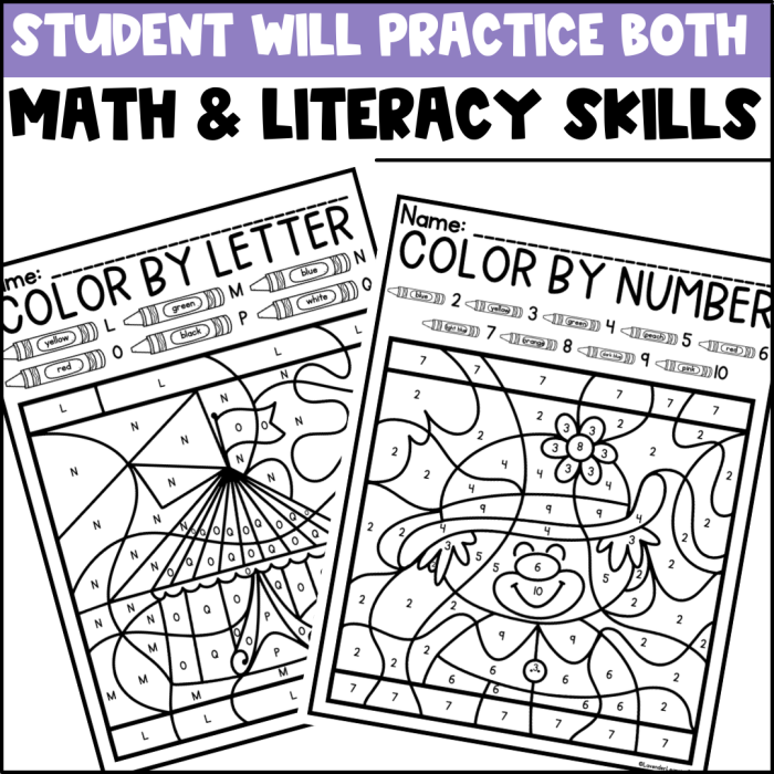 Circus-themed color by number worksheet for third-grade division practice