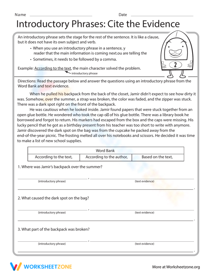 Cite the Evidence worksheet for teaching introductory phrases in third grade Worksheet featuring introductory phrases for citing evidence in Earth and Space Science