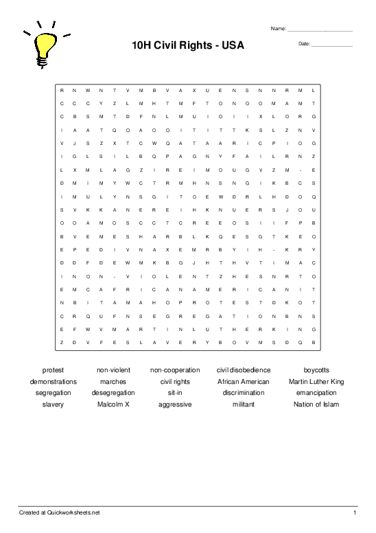 Civil Rights Movement Vocabulary Puzzle Worksheet 18 Third grade Civil Rights Word Find worksheet featuring eight vocabulary terms to circle