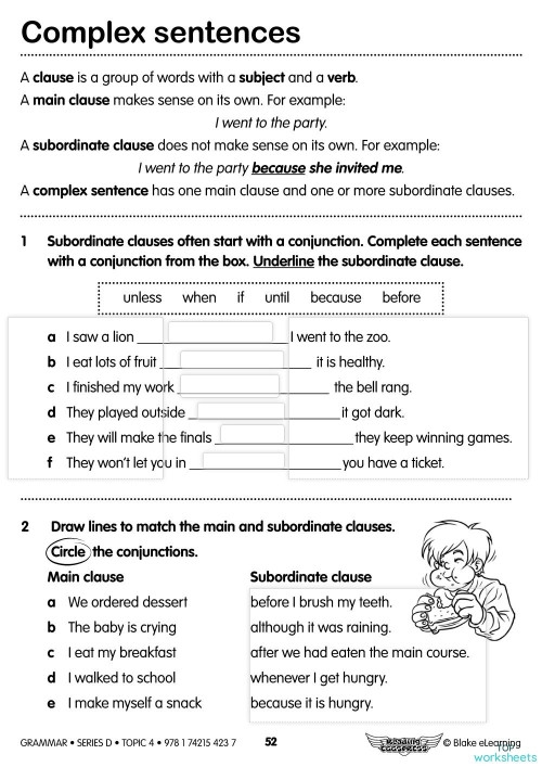 Third grade grammar worksheet showing exercises for combining independent and dependent clauses to create complex sentences with numbered practice problems