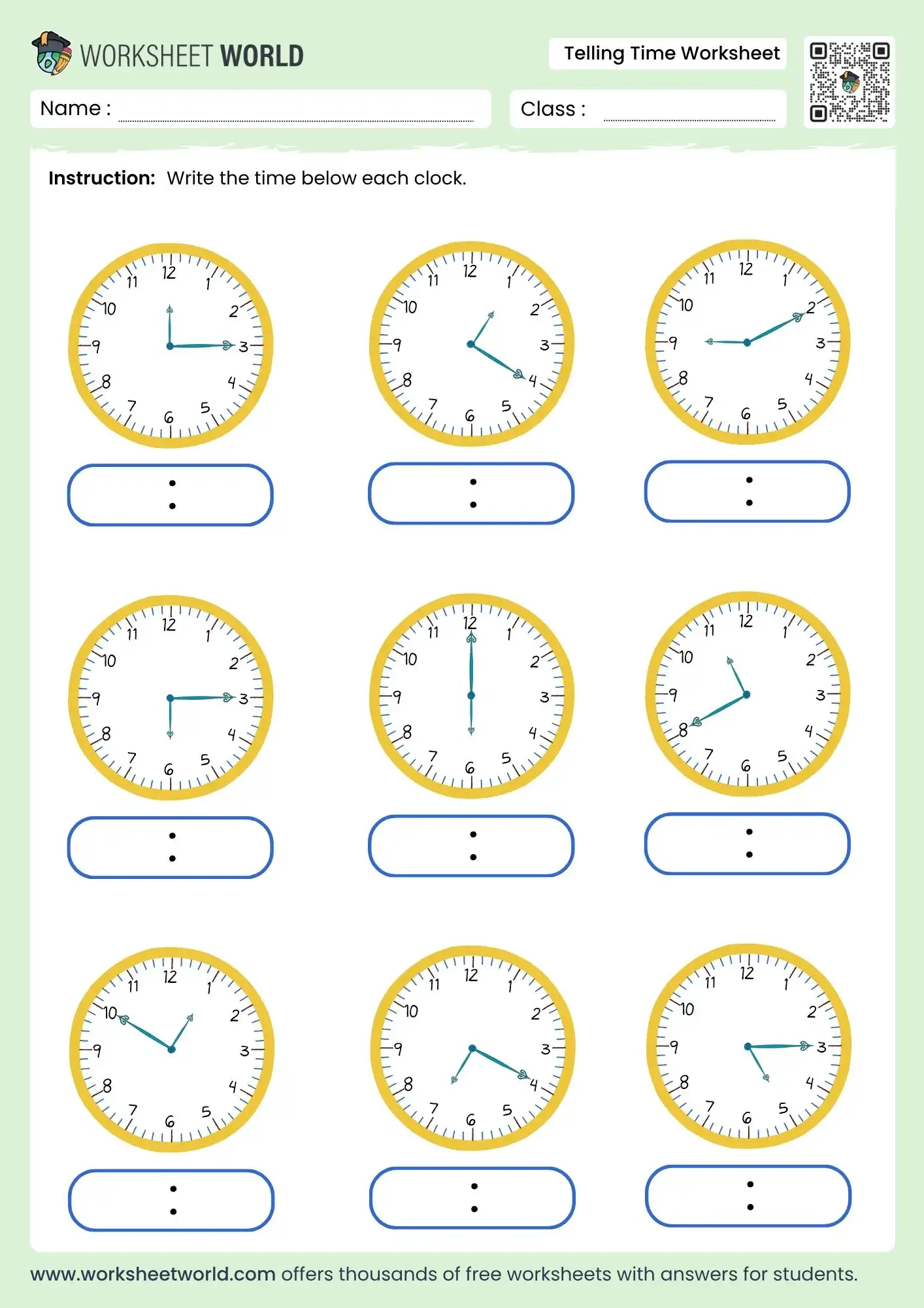 Third grade student working on a measurement worksheet featuring 20 questions about clocks and calendars