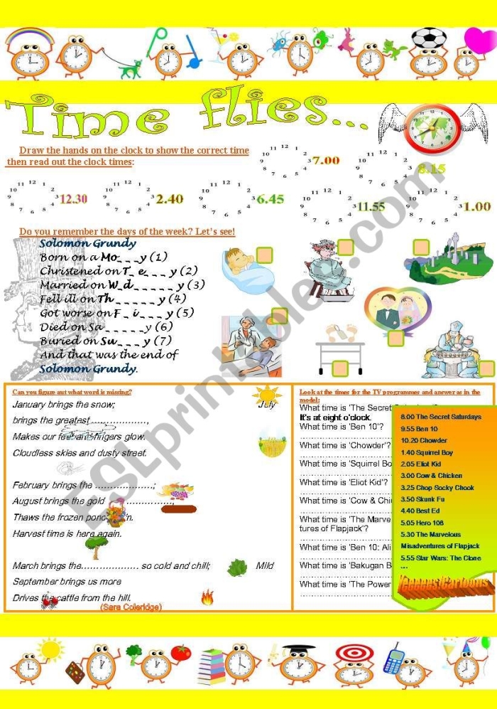 Third grade time telling worksheet focusing on calculating elapsed time using a clock diagram