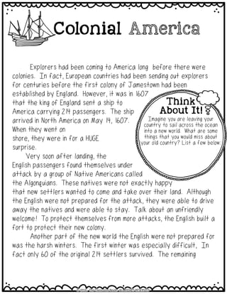 Worksheet illustrating facts and opinions related to Colonial America for third graders