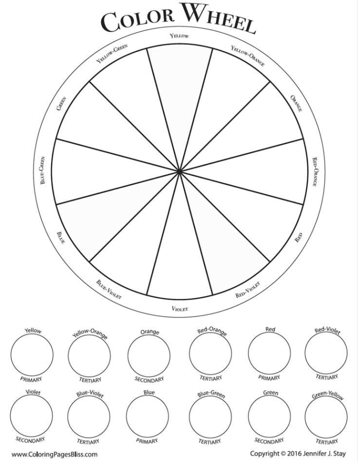 Third grade science worksheet featuring a detailed color wheel diagram with primary secondary and tertiary colors identified