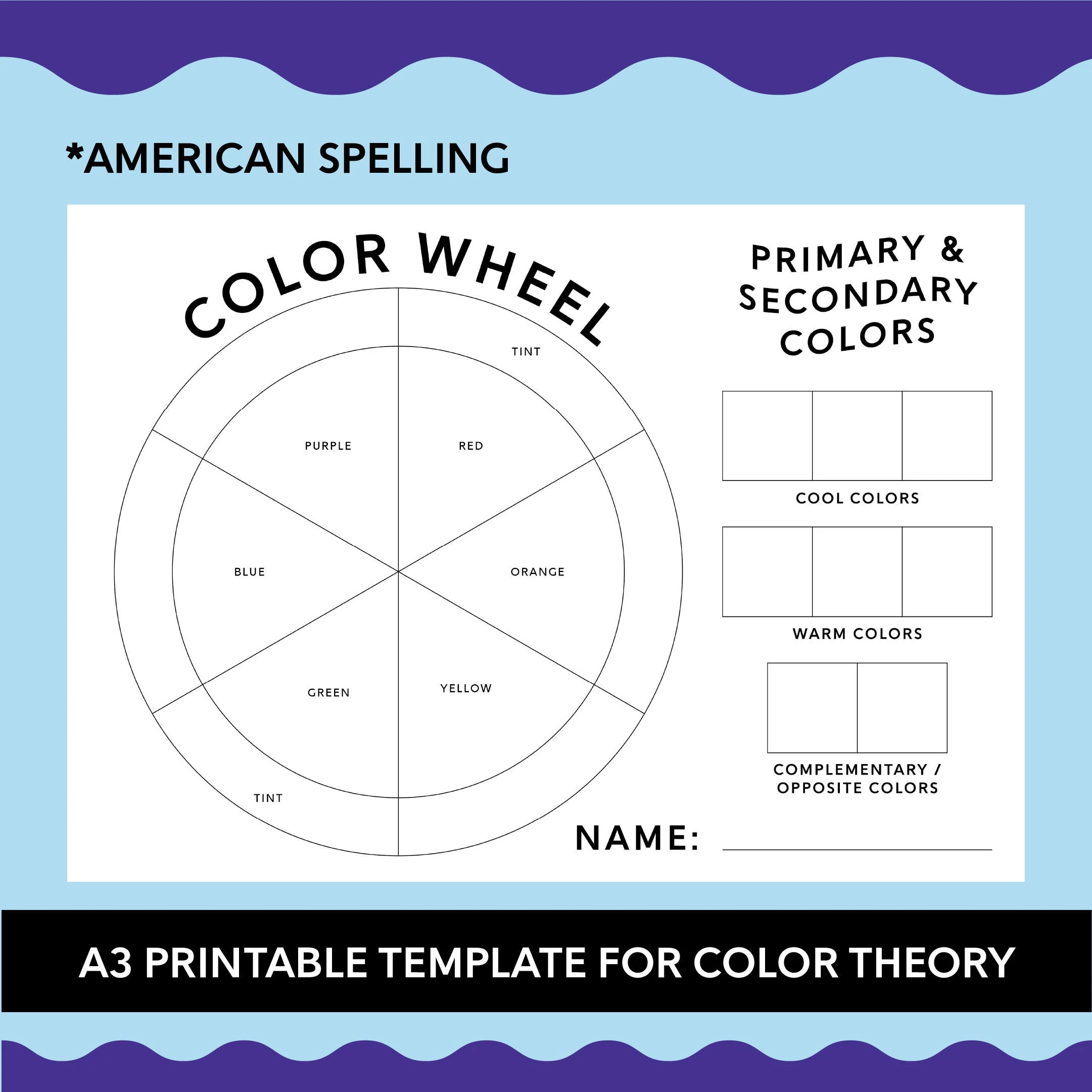Color Wheel for Kids worksheet illustrating primary, secondary, and tertiary colors for third graders