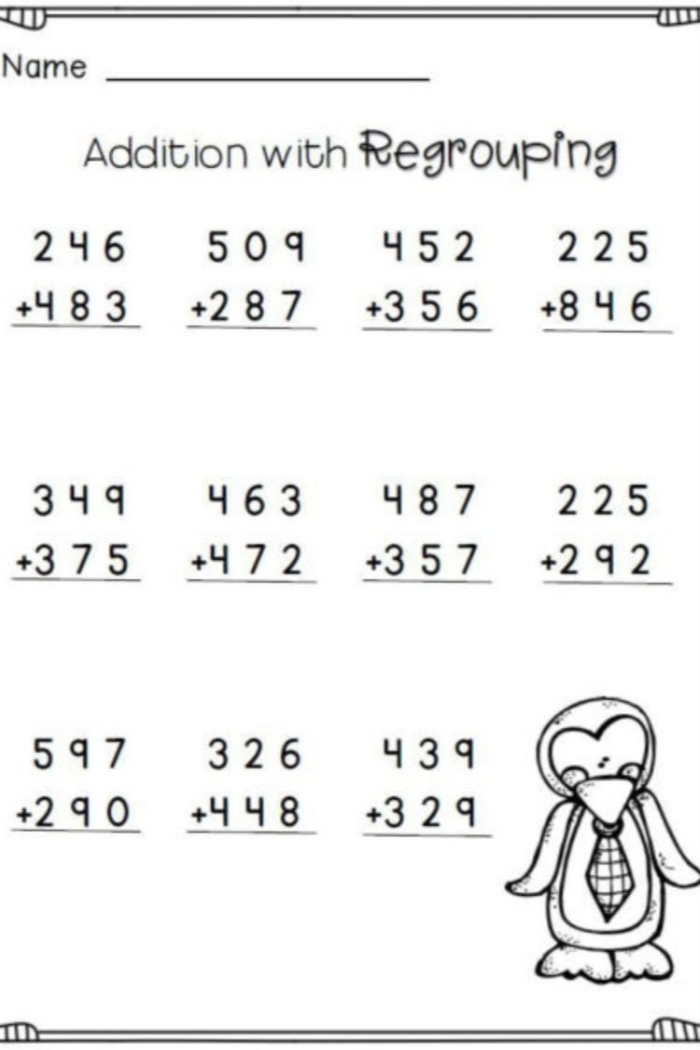 Review Addition with Regrouping Practice Sheet for Elementary Math Learners Third grade addition worksheet with regrouping problems featuring carrying and column addition exercises