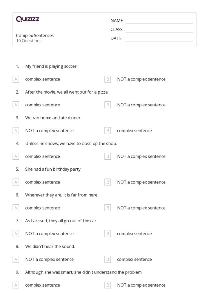 Third grade grammar worksheet showing practice exercises for combining independent and dependent clauses to form complex sentences