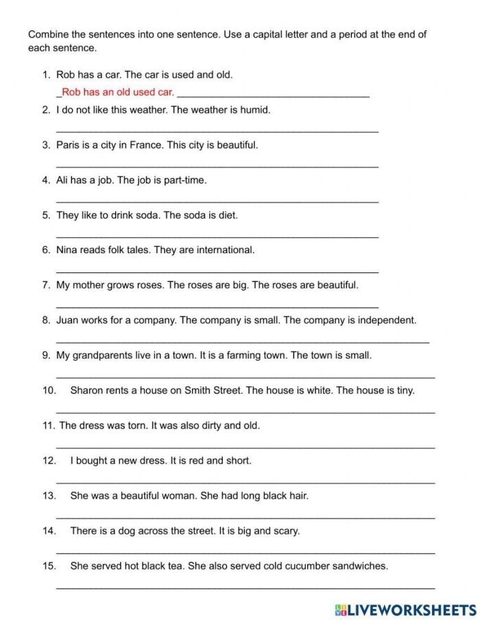 Young students working on combining sentences in a grammar worksheet. Get Crafty: Combining Sentences worksheet for third graders.