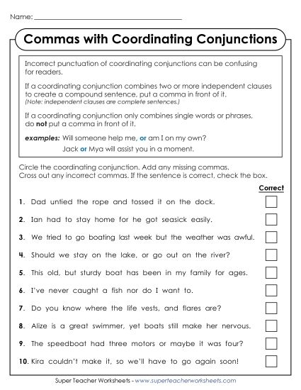 Third grade worksheet focused on using commas and conjunctions to combine sentences number seven