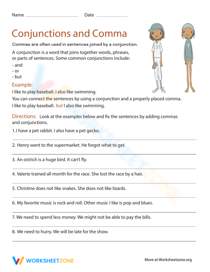 Third grade worksheet for practicing the use of commas and conjunctions to combine two separate sentences