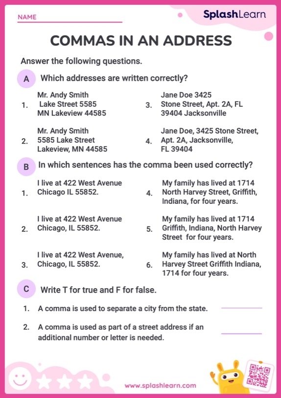Perfect Punctuation Commas in Dates and Addresses Worksheet 11 Third grade student practicing comma usage in dates and addresses on a grammar worksheet