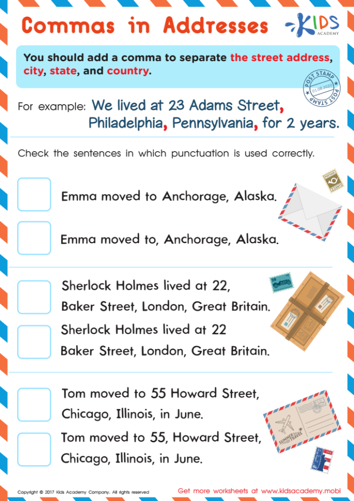 Perfect Punctuation: Commas in Dates and Addresses worksheet for grade 3 students Worksheet illustrating proper comma usage in dates and addresses for third graders