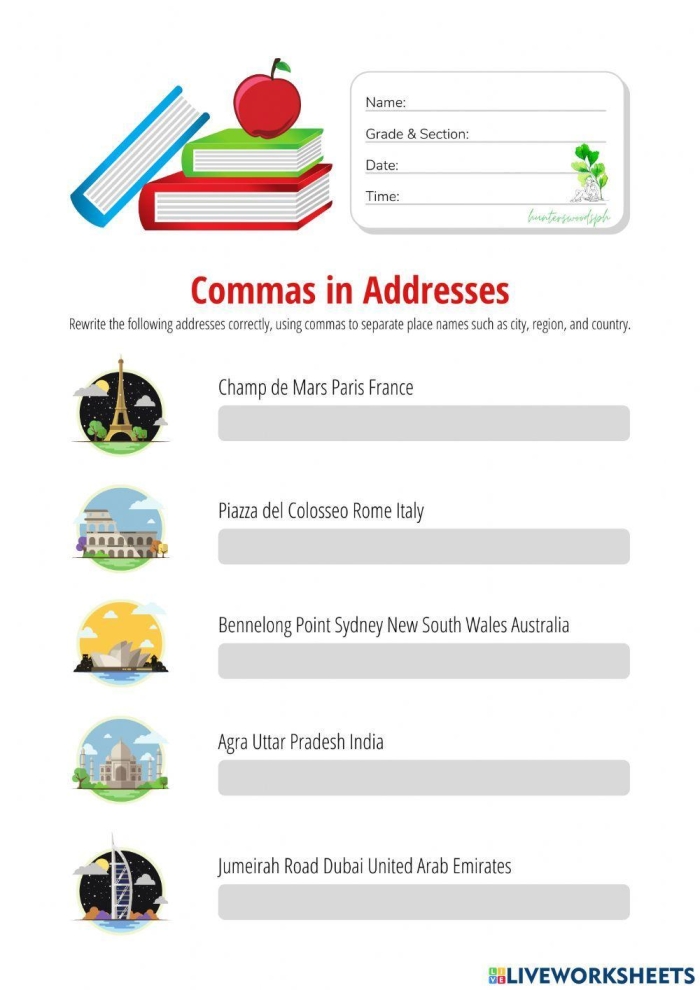 Perfect Punctuation Commas in Dates and Addresses Worksheet Number Two Third grade worksheet explaining how to correctly place commas in dates and addresses