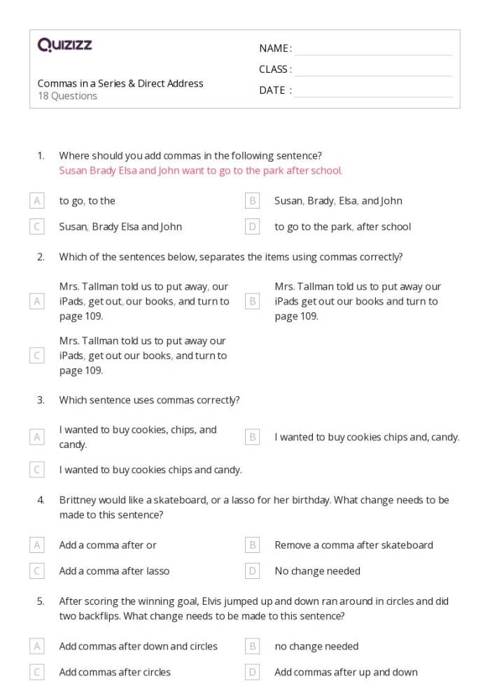 Exponents and Roots worksheet for Third Grade Worksheet focusing on perfect punctuation, specifically commas in dates and addresses for third graders. Perfect Punctuation: Commas in Dates and Addresses worksheet for grade three students.