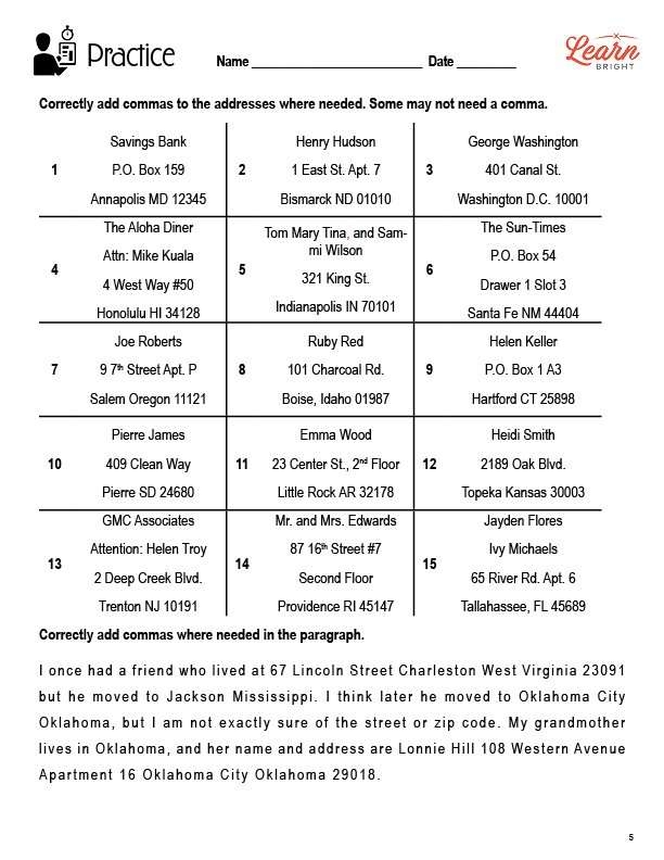 Perfect Punctuation: Commas in Dates and Addresses Worksheet Image 24 Worksheet on using commas in dates and addresses for third graders