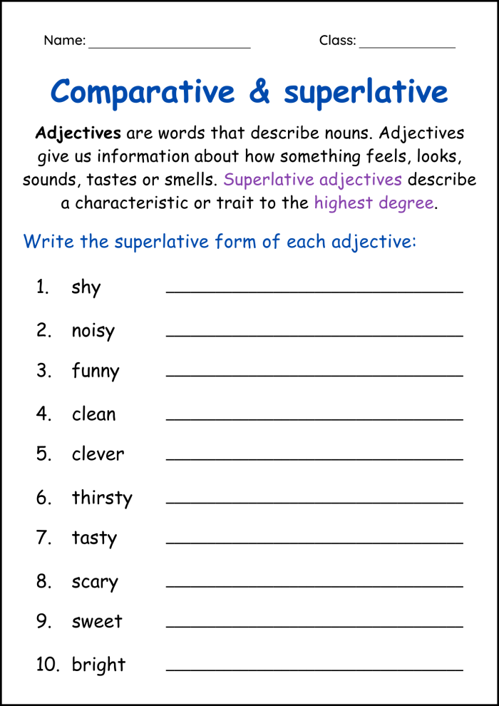 Writing worksheet for Third Grade Worksheet focusing on comparative and superlative adjectives for third graders. Practice grammar skills with this engaging writing activity for students.