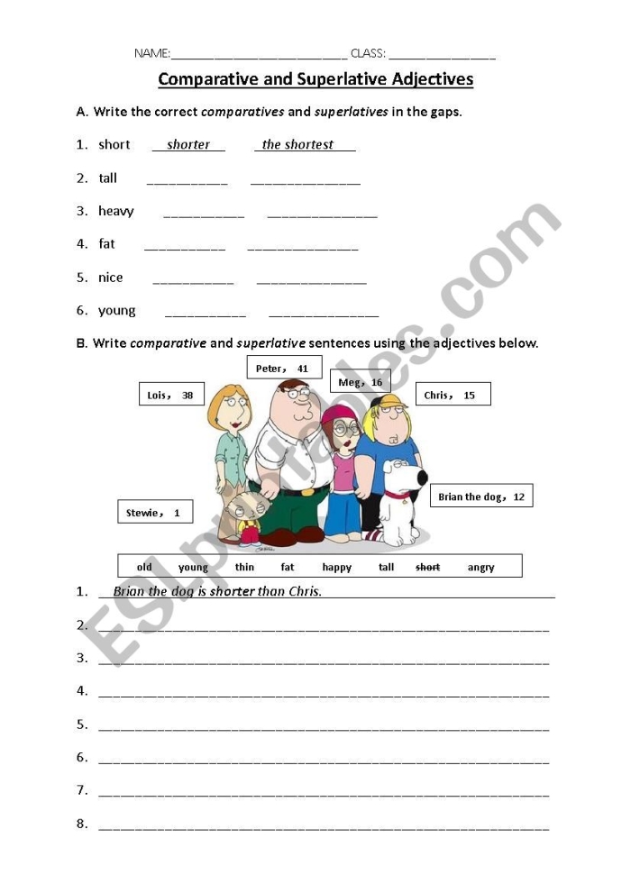 Worksheet for writing comparative and superlative adjectives in third-grade grammar Third-grade students practicing comparative and superlative adjectives on a worksheet